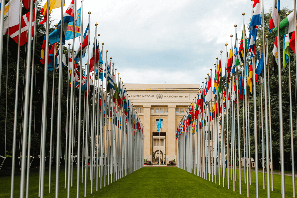 The United Nations Building in Geneva with the Flagpoles of the member states in the foreground.
